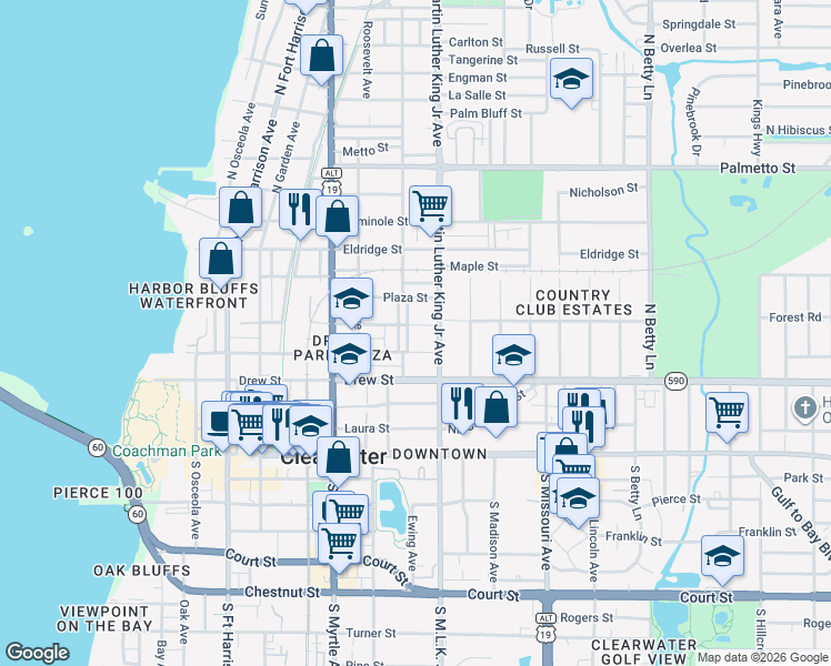 map of restaurants, bars, coffee shops, grocery stores, and more near 1006 Hart Street in Clearwater