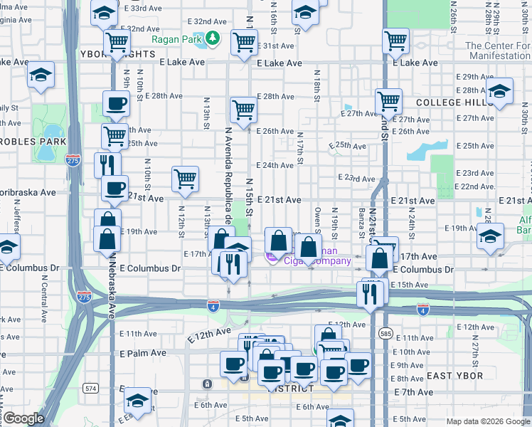 map of restaurants, bars, coffee shops, grocery stores, and more near 3000 North 16th Street in Tampa