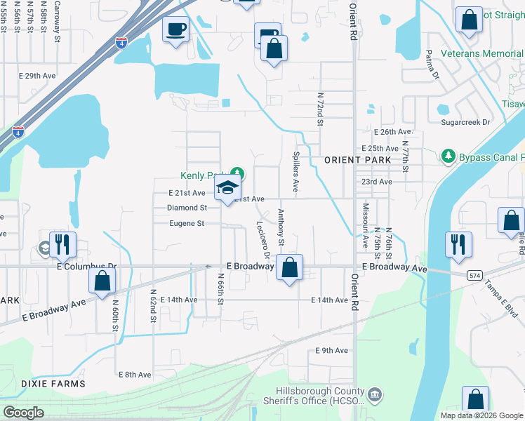 map of restaurants, bars, coffee shops, grocery stores, and more near 6808 East 21st Avenue in Tampa