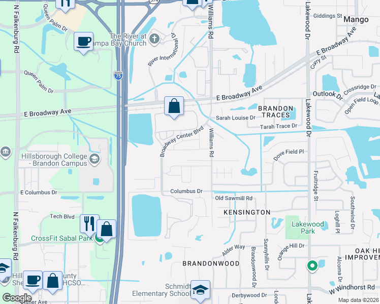 map of restaurants, bars, coffee shops, grocery stores, and more near 3014 Old Fulton Place in Brandon