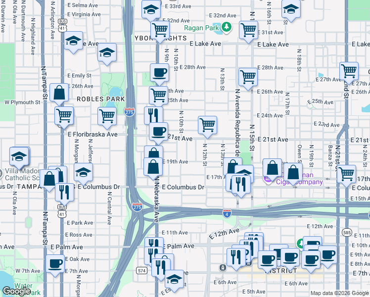 map of restaurants, bars, coffee shops, grocery stores, and more near 2922 North 10th Street in Tampa