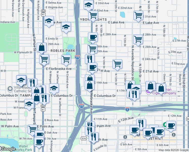 map of restaurants, bars, coffee shops, grocery stores, and more near 910 East Saint Clair Street in Tampa