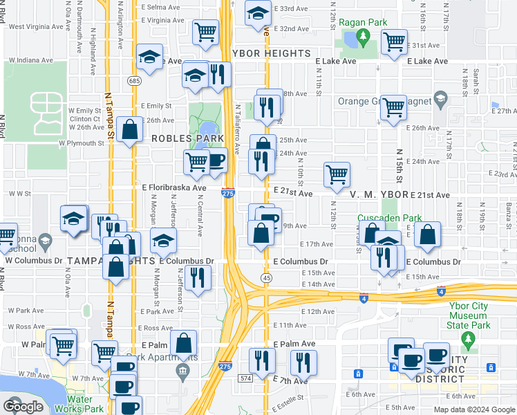 map of restaurants, bars, coffee shops, grocery stores, and more near 801 East Floribraska Avenue in Tampa