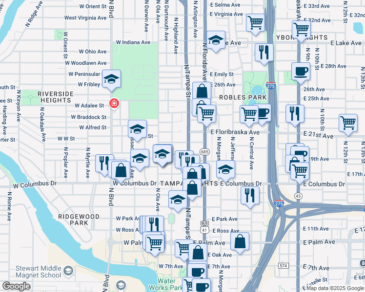 map of restaurants, bars, coffee shops, grocery stores, and more near 2926 North Tampa Street in Tampa