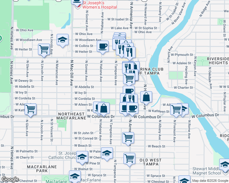 map of restaurants, bars, coffee shops, grocery stores, and more near 2523 West Abdella Street in Tampa