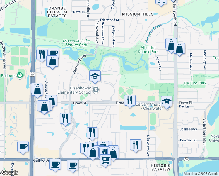map of restaurants, bars, coffee shops, grocery stores, and more near 2948 Drew Street in Clearwater