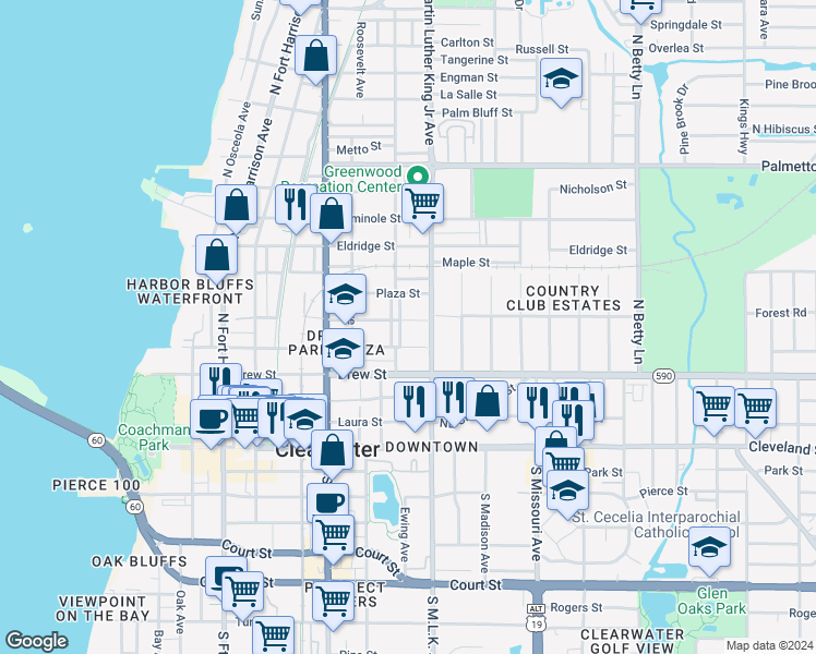 map of restaurants, bars, coffee shops, grocery stores, and more near 1006 Hart Street in Clearwater