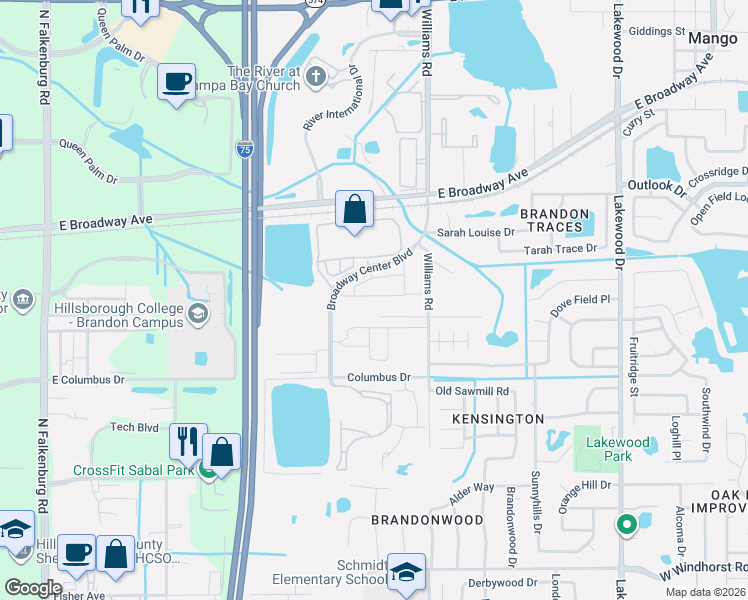 map of restaurants, bars, coffee shops, grocery stores, and more near 2169 Broadway View Avenue in Brandon