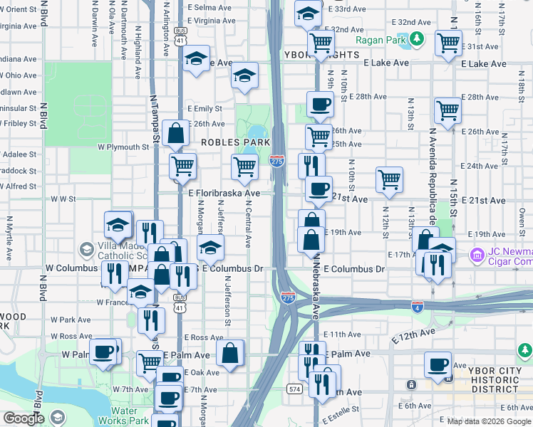 map of restaurants, bars, coffee shops, grocery stores, and more near 514 East Robles Street in Tampa
