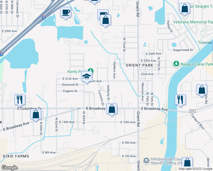 map of restaurants, bars, coffee shops, grocery stores, and more near 2828 Anthony Street in Tampa