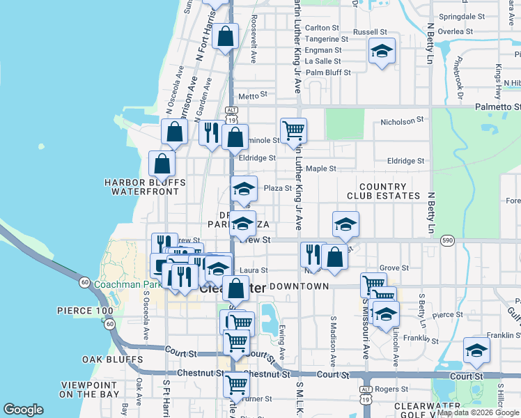 map of restaurants, bars, coffee shops, grocery stores, and more near 909 Hart Street in Clearwater