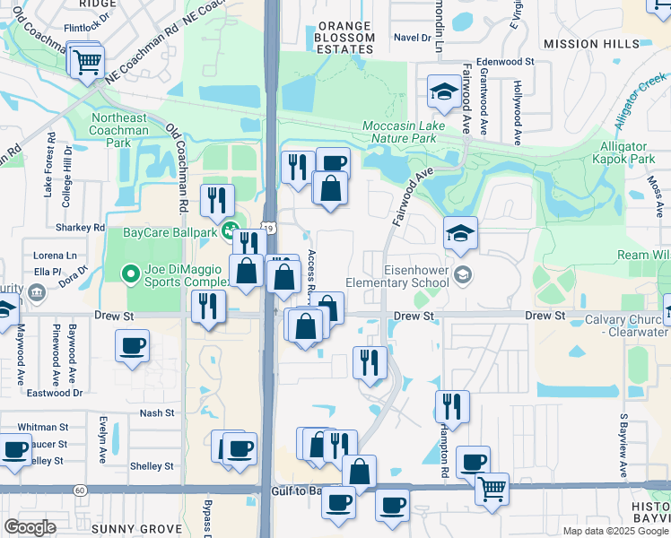 map of restaurants, bars, coffee shops, grocery stores, and more near 2690 Drew Street in Clearwater