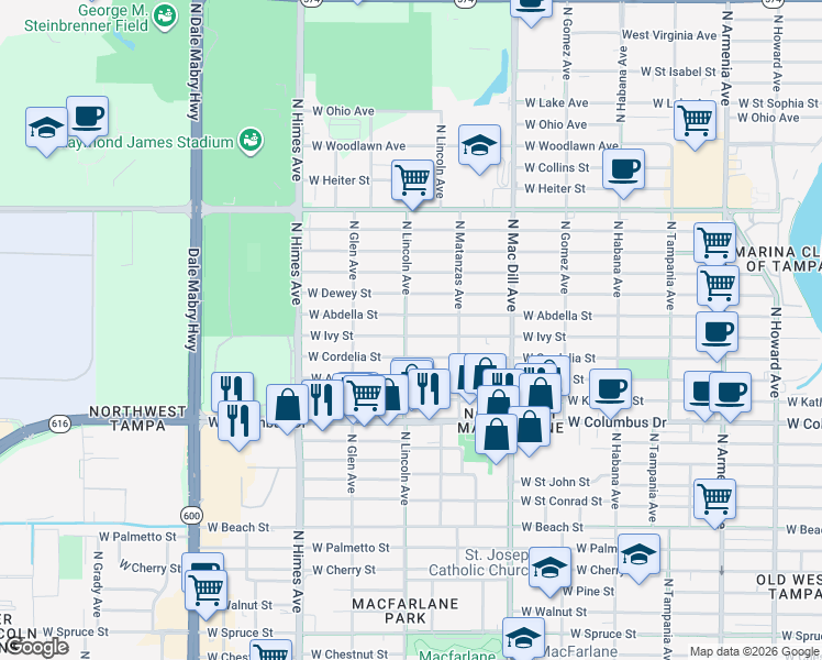 map of restaurants, bars, coffee shops, grocery stores, and more near 3501 North Lincoln Avenue in Tampa