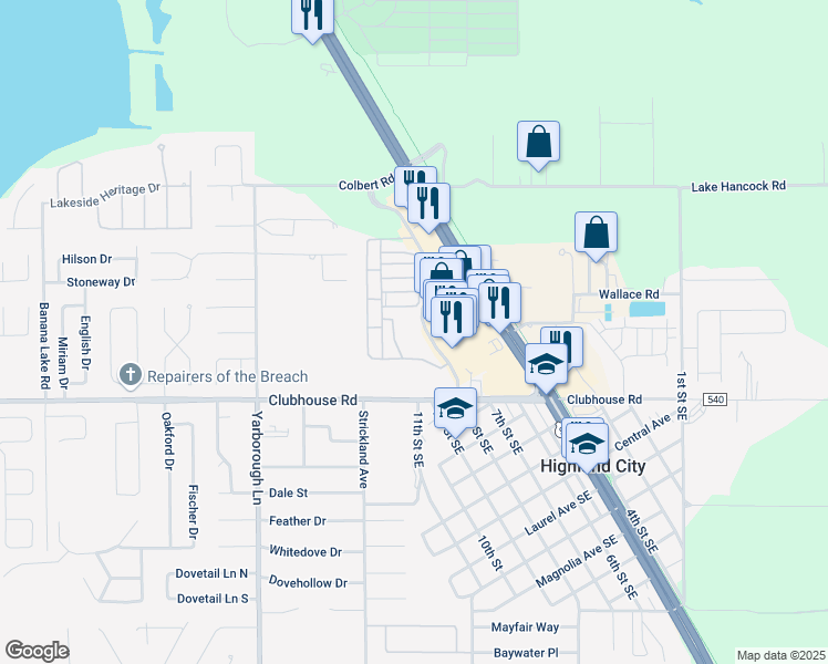 map of restaurants, bars, coffee shops, grocery stores, and more near 5190 Ariva Boulevard in Lakeland