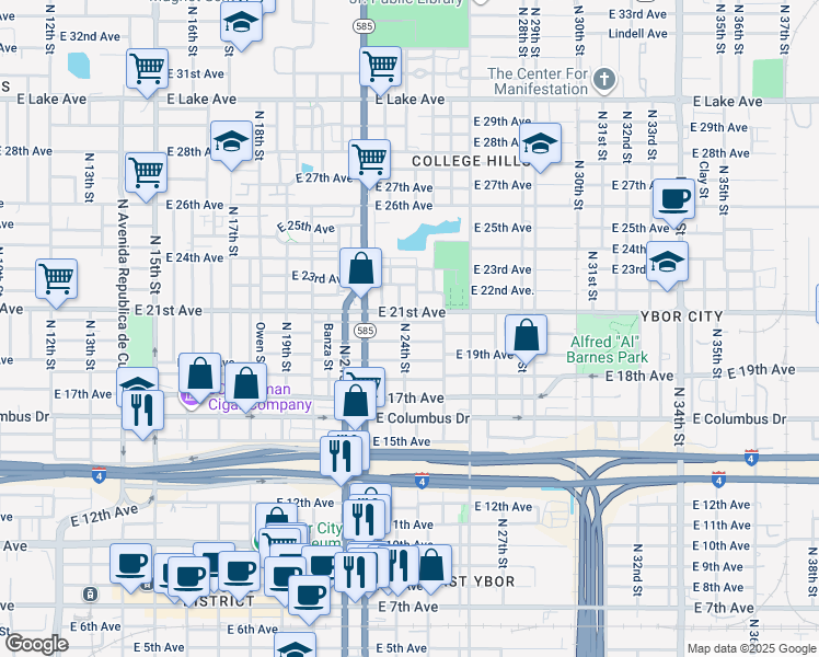 map of restaurants, bars, coffee shops, grocery stores, and more near 2409 East 21st Avenue in Tampa