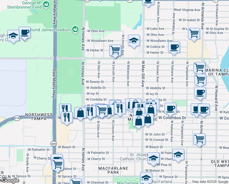 map of restaurants, bars, coffee shops, grocery stores, and more near 3501 North Lincoln Avenue in Tampa