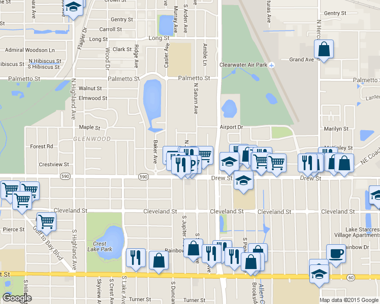 map of restaurants, bars, coffee shops, grocery stores, and more near 407 North Jupiter Avenue in Clearwater
