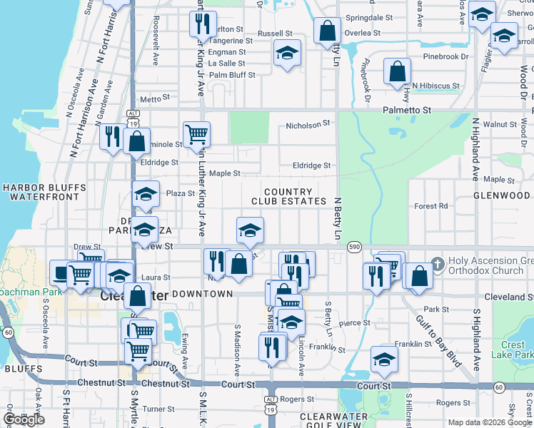 map of restaurants, bars, coffee shops, grocery stores, and more near 1170 Jackson Road in Clearwater
