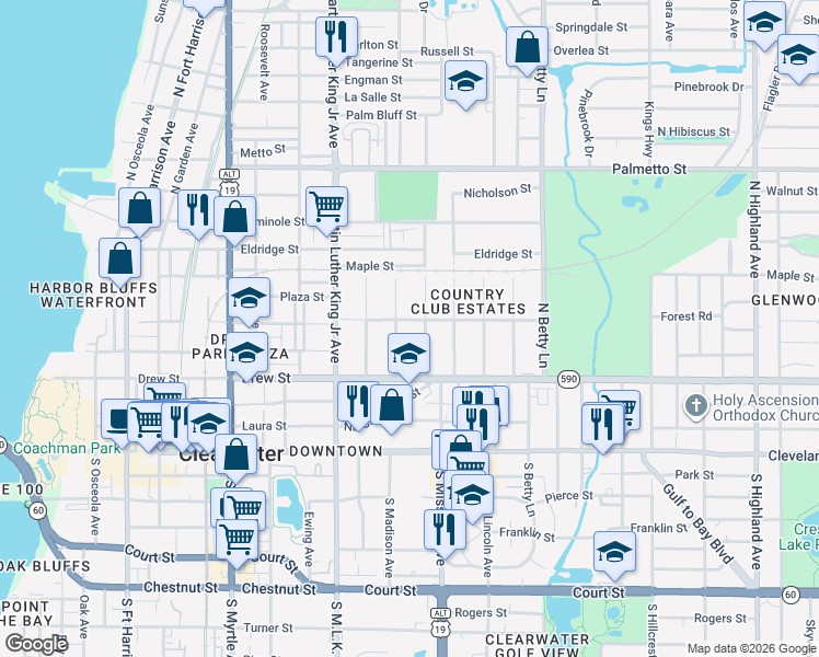 map of restaurants, bars, coffee shops, grocery stores, and more near 404 North Madison Avenue in Clearwater