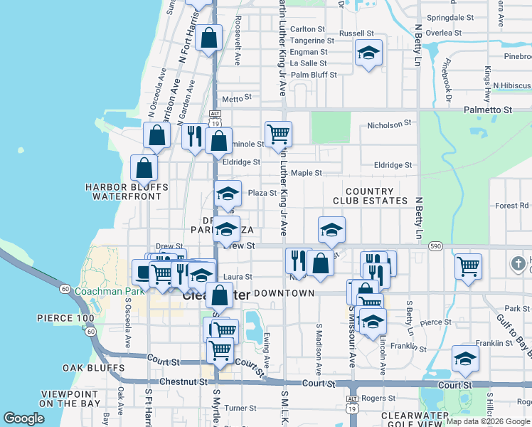 map of restaurants, bars, coffee shops, grocery stores, and more near 1006 Hart Street in Clearwater