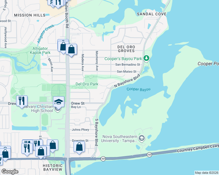 map of restaurants, bars, coffee shops, grocery stores, and more near 310 North Bayshore Boulevard in Clearwater
