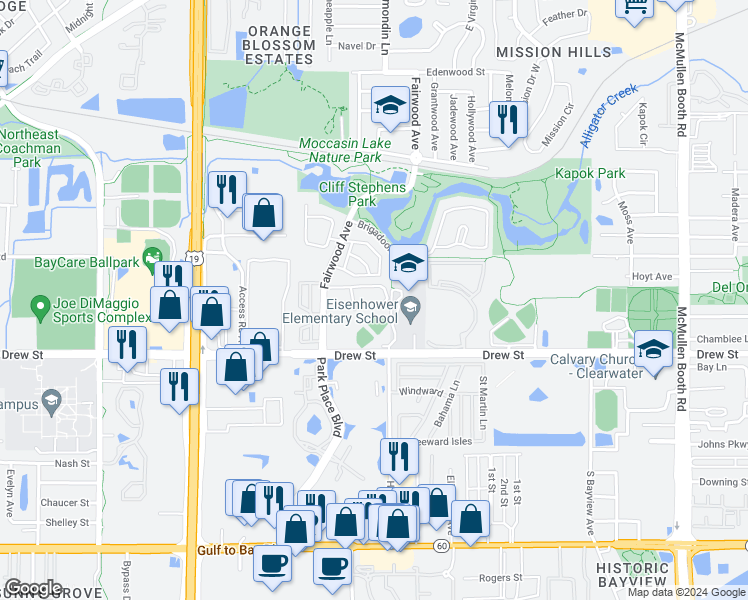 map of restaurants, bars, coffee shops, grocery stores, and more near 401 Fairwood Avenue in Clearwater