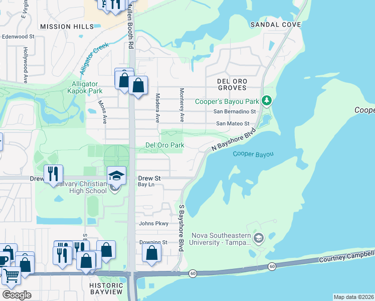 map of restaurants, bars, coffee shops, grocery stores, and more near 380 North Bayshore Boulevard in Clearwater
