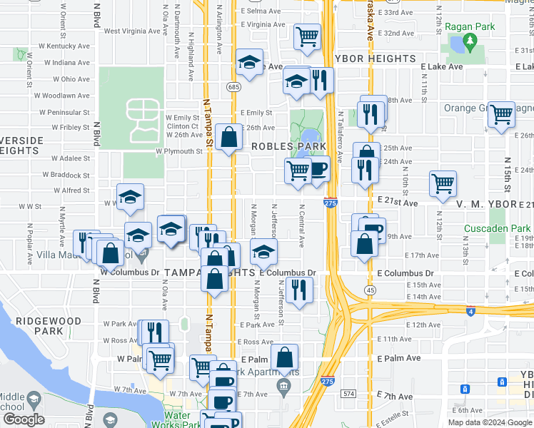 map of restaurants, bars, coffee shops, grocery stores, and more near 2902 North Jefferson Street in Tampa