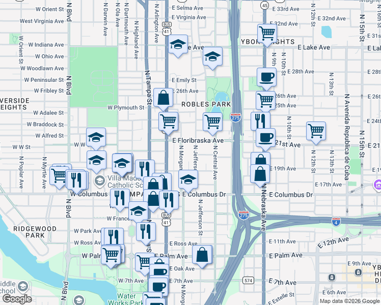 map of restaurants, bars, coffee shops, grocery stores, and more near 2902 North Jefferson Street in Tampa