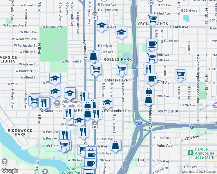 map of restaurants, bars, coffee shops, grocery stores, and more near 2827 North Morgan Street in Tampa