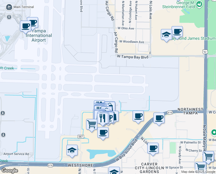 map of restaurants, bars, coffee shops, grocery stores, and more near in Tampa