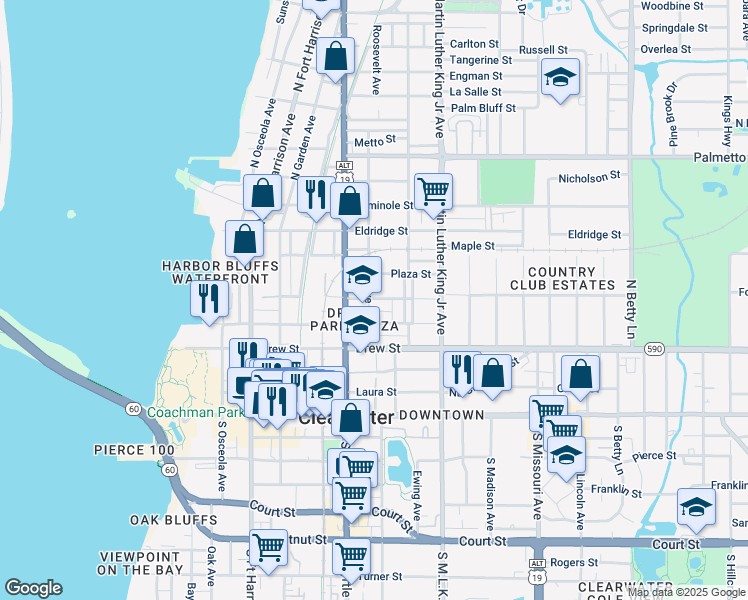 map of restaurants, bars, coffee shops, grocery stores, and more near 910 Hart Street in Clearwater