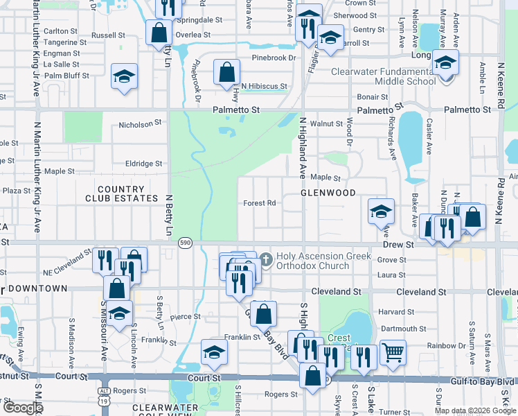 map of restaurants, bars, coffee shops, grocery stores, and more near 325 Orangeview Avenue in Clearwater