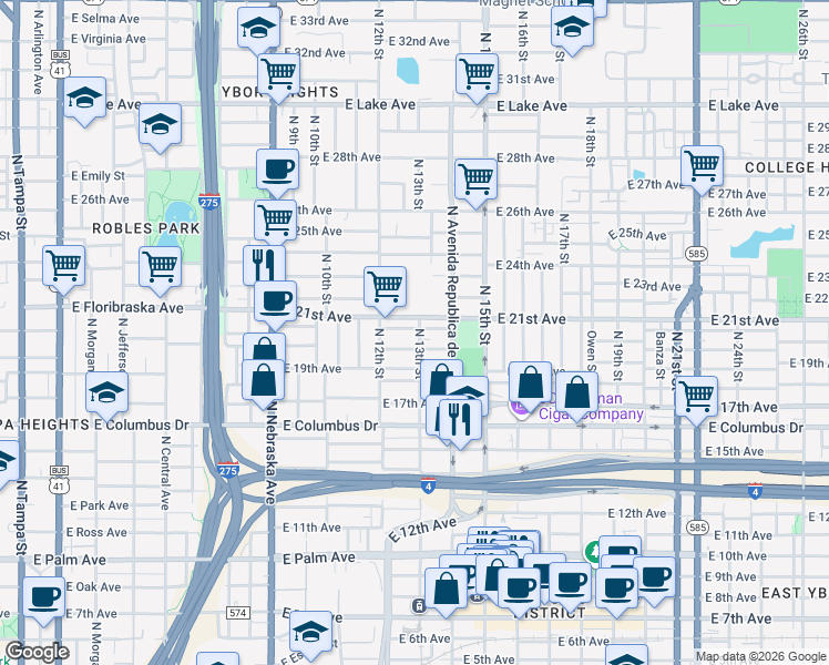 map of restaurants, bars, coffee shops, grocery stores, and more near 3008 North 13th Street in Tampa
