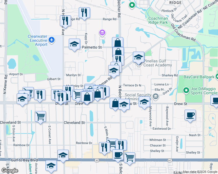 map of restaurants, bars, coffee shops, grocery stores, and more near 2173 Northeast Coachman Road in Clearwater