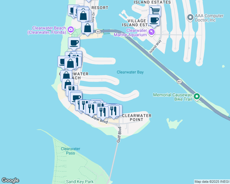 map of restaurants, bars, coffee shops, grocery stores, and more near 216 Bayside Drive in Clearwater