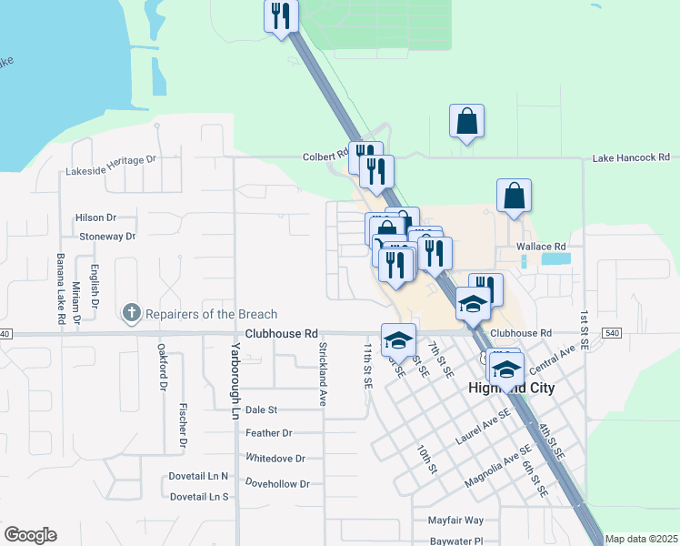 map of restaurants, bars, coffee shops, grocery stores, and more near 4100 Clubhouse Road in Lakeland