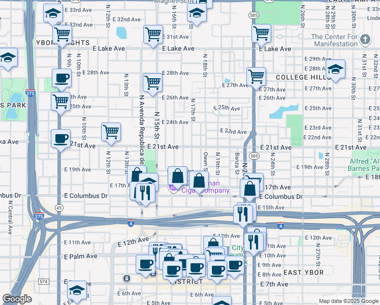 map of restaurants, bars, coffee shops, grocery stores, and more near 2920 North 17th Street in Tampa