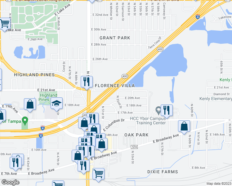 map of restaurants, bars, coffee shops, grocery stores, and more near 3010 North 52nd Street in Tampa