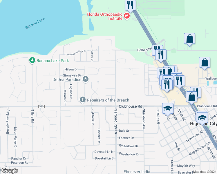 map of restaurants, bars, coffee shops, grocery stores, and more near 3634 Amber Lane in Lakeland