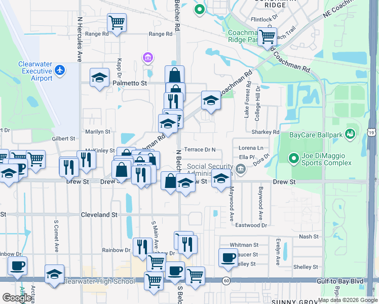map of restaurants, bars, coffee shops, grocery stores, and more near 2221 Terrace Drive North in Clearwater