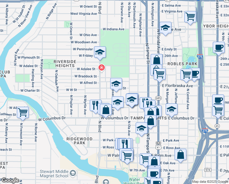 map of restaurants, bars, coffee shops, grocery stores, and more near 2915 North Massachusetts Avenue in Tampa
