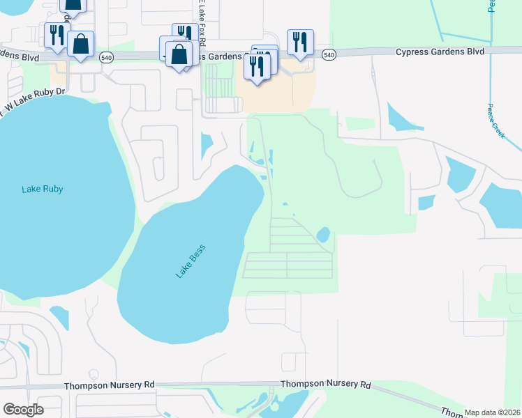 map of restaurants, bars, coffee shops, grocery stores, and more near Lakeshore Drive in Winter Haven