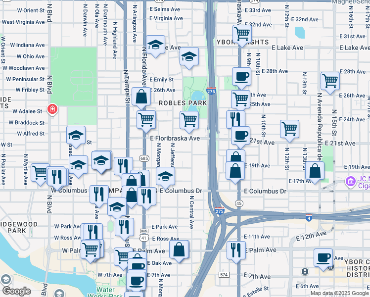 map of restaurants, bars, coffee shops, grocery stores, and more near 2909 North Jefferson Street in Tampa