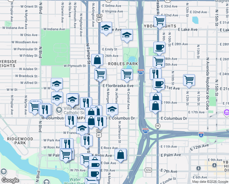 map of restaurants, bars, coffee shops, grocery stores, and more near 2827 North Morgan Street in Tampa