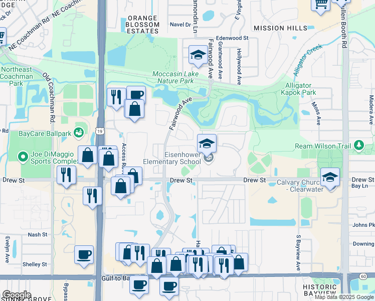 map of restaurants, bars, coffee shops, grocery stores, and more near 401 Fairwood Avenue in Clearwater