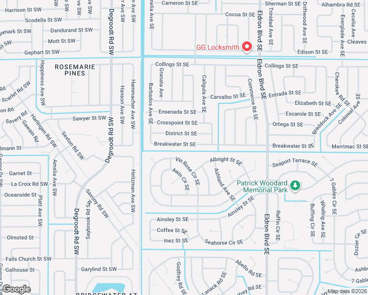 map of restaurants, bars, coffee shops, grocery stores, and more near 201 Breakwater Street Southeast in Palm Bay