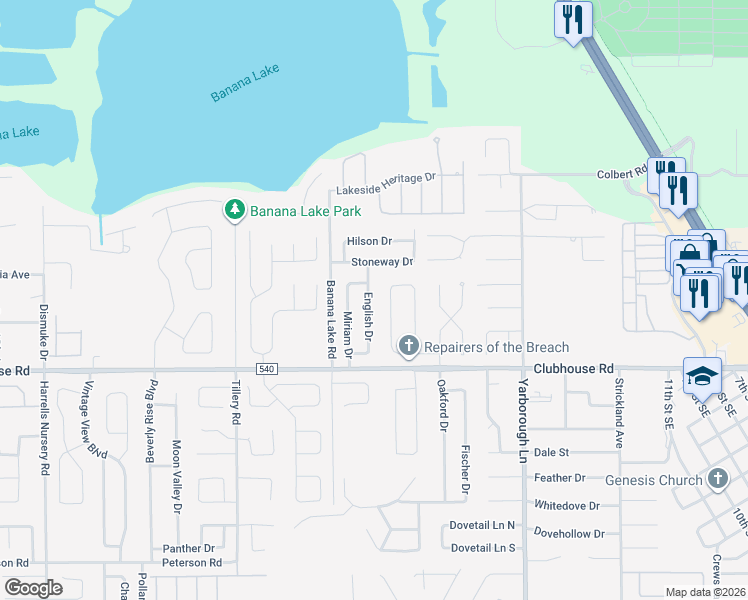 map of restaurants, bars, coffee shops, grocery stores, and more near 5225 Nichols Drive West in Lakeland