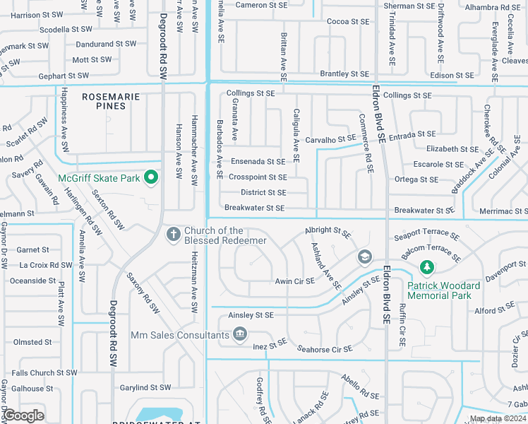 map of restaurants, bars, coffee shops, grocery stores, and more near 200 Breakwater Street Southeast in Palm Bay