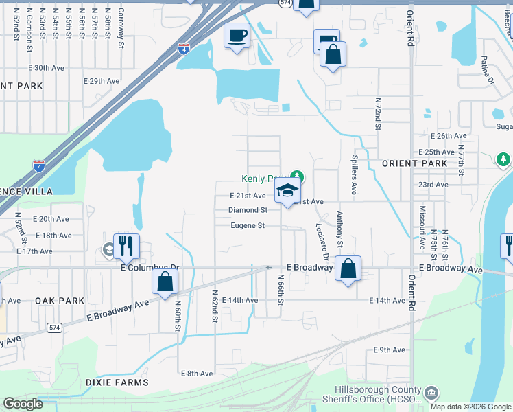 map of restaurants, bars, coffee shops, grocery stores, and more near 6412 Diamond Street in Tampa